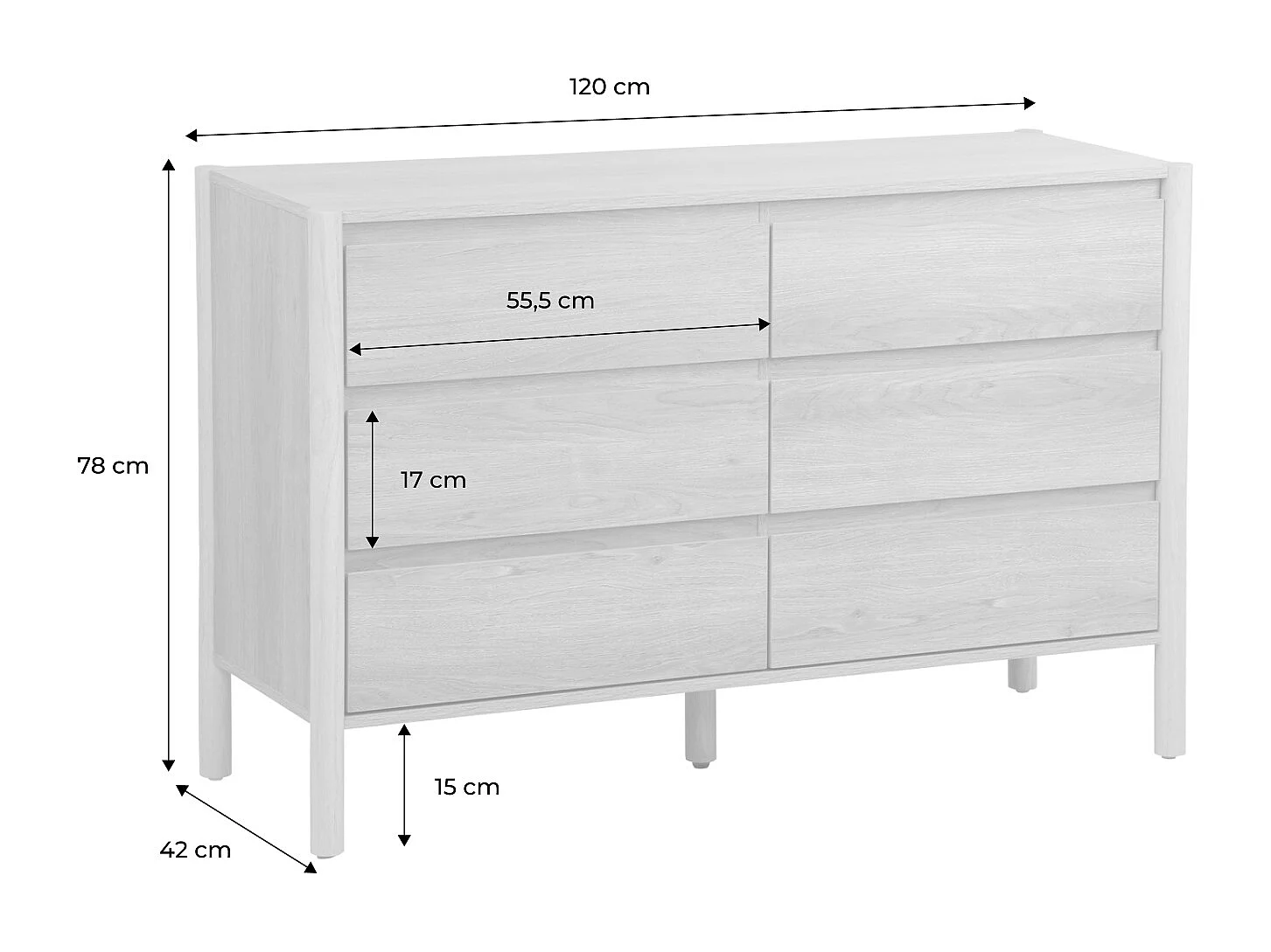 Cómoda con decoración de madera, 6 cajones natural