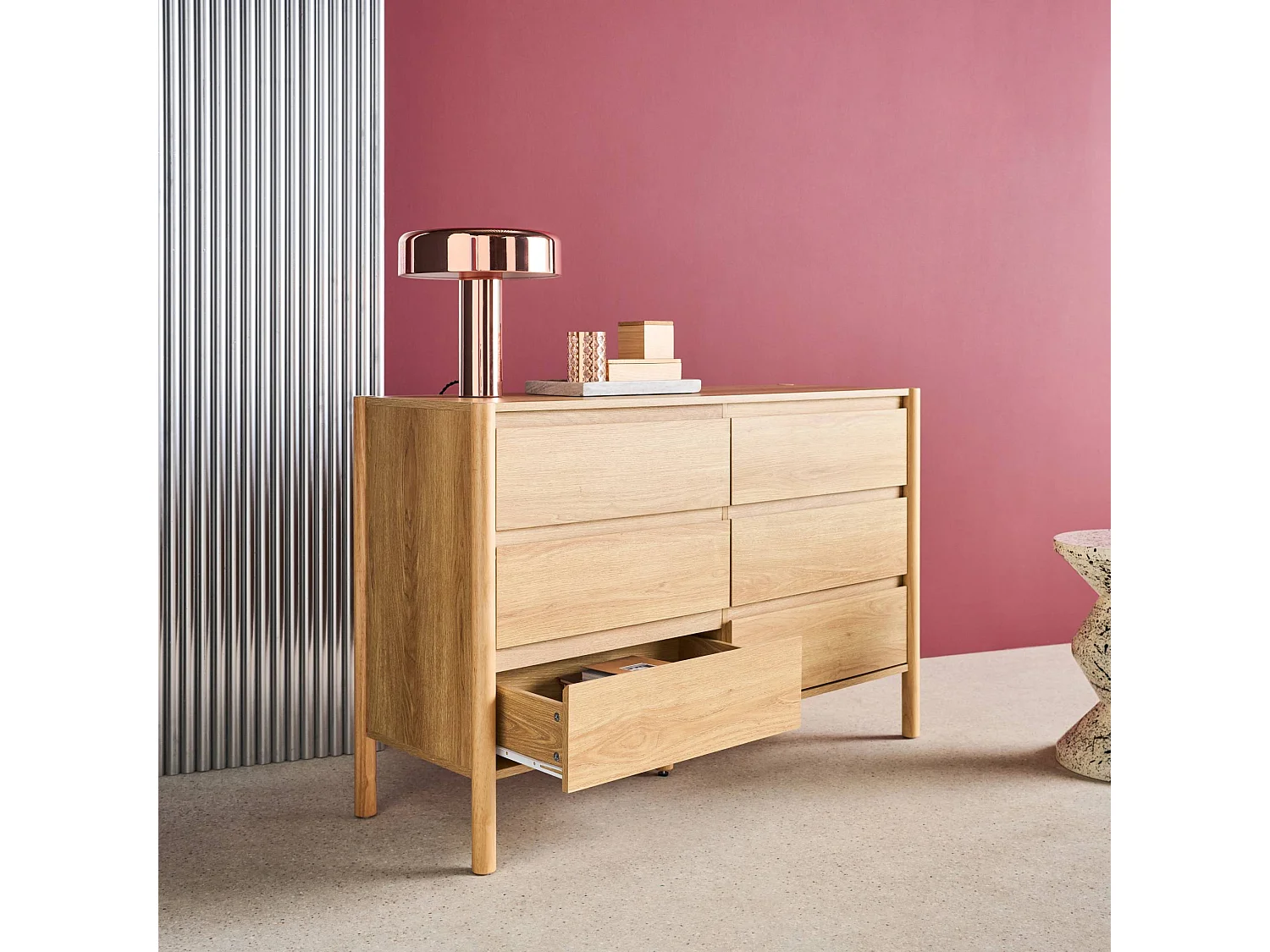 Commode décor bois 6 tiroirs 120cm naturel - 120 x 42 x 78.5 cm - Harmony