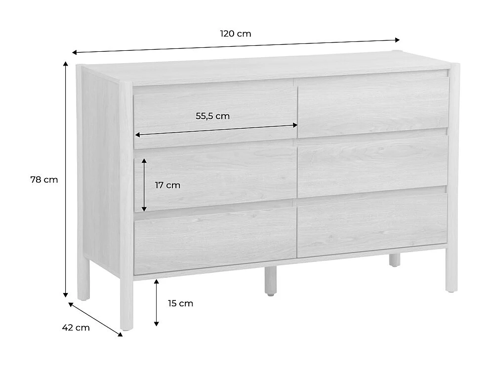 Commode décor bois 6 tiroirs 120cm naturel - 120 x 42 x 78.5 cm - Harmony