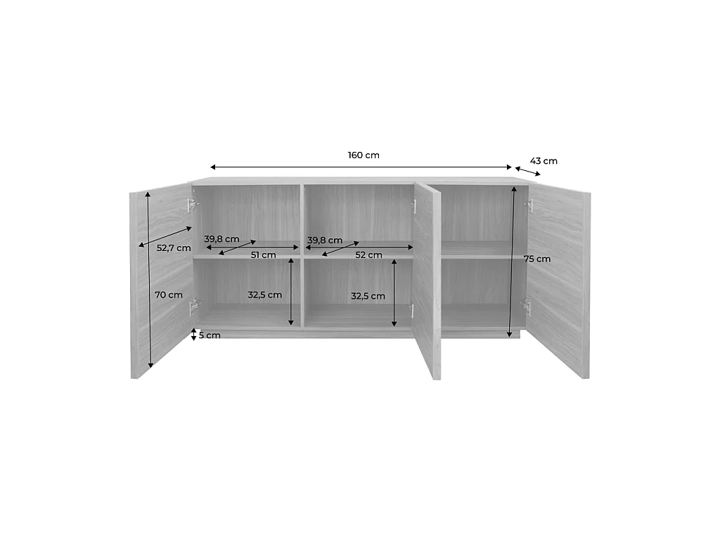 Credenza effetto legno 3 ante, 160cm, Kuba, Noce, 160x43x75 cm