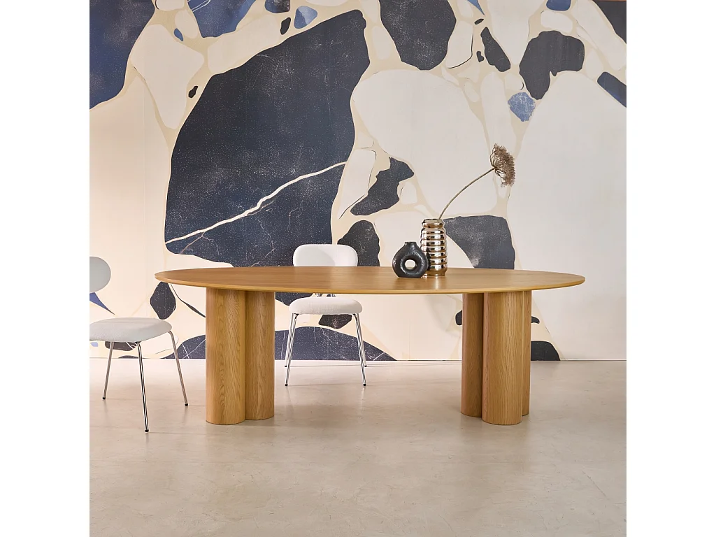 Table à manger ovale bois d'hévéa et placage chêne naturel 8 places 220cm - Leonore