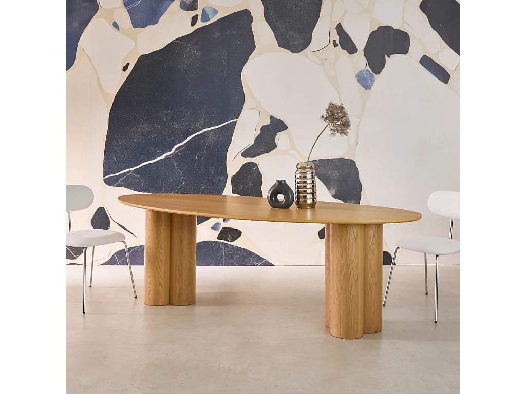Table à manger ovale bois d'hévéa et placage chêne naturel 8 places 220cm - Leonore