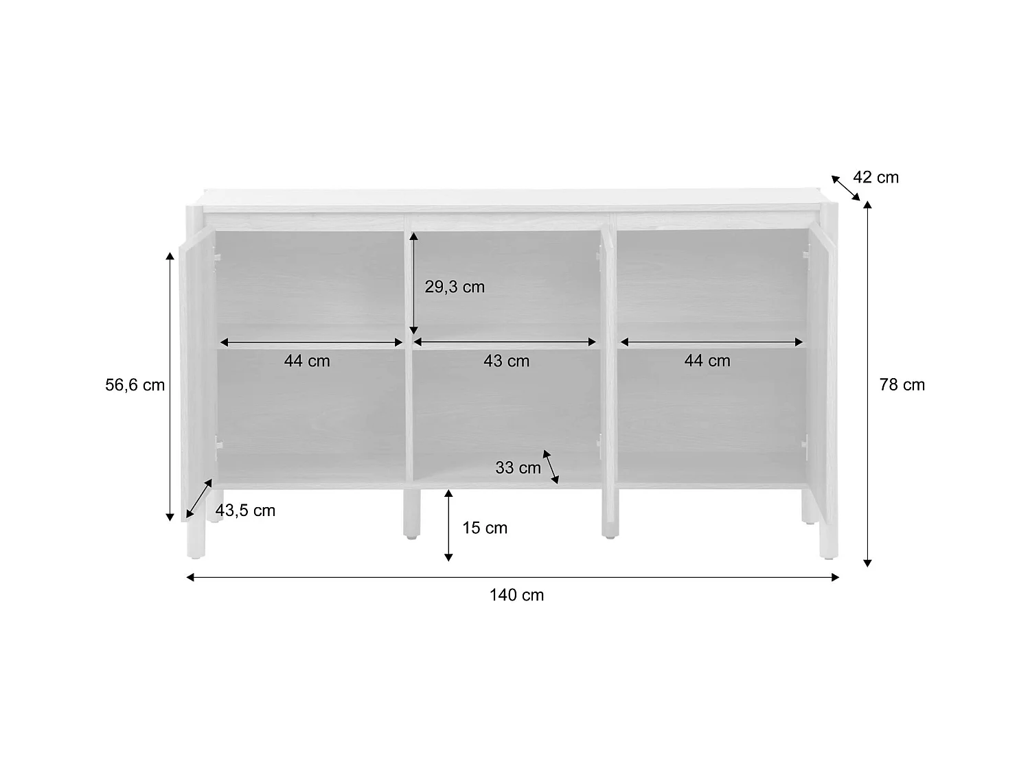 Credenza decorazione legno 3 ante 140cm, marrone naturale