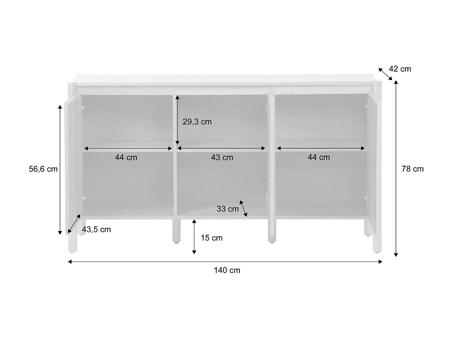 Buffet décor bois 3 portes naturel  - 140 x 42 x 78.5 cm - Harmony