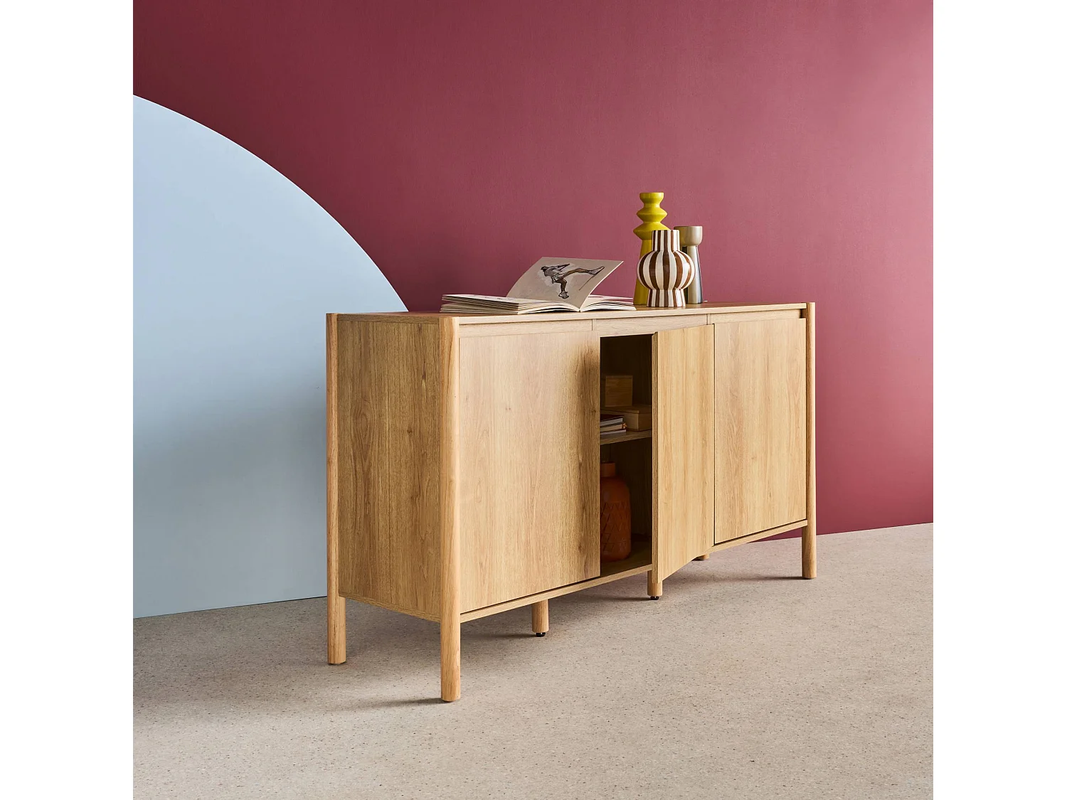 Buffet décor bois 3 portes naturel  - 140 x 42 x 78.5 cm - Harmony