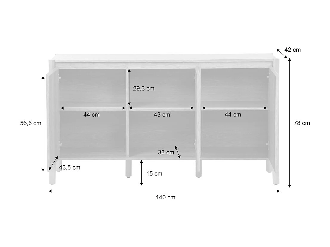 Buffet décor bois 3 portes naturel  - 140 x 42 x 78.5 cm - Harmony