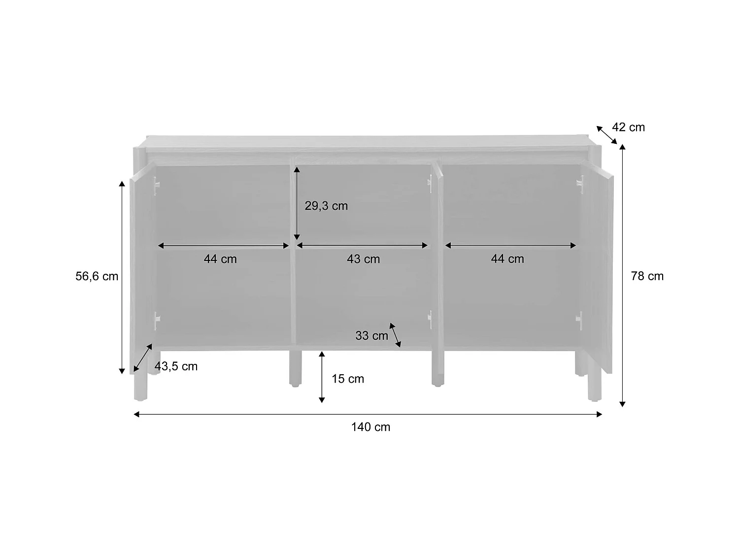 Aparador con 3 puertas, 140cm nogal