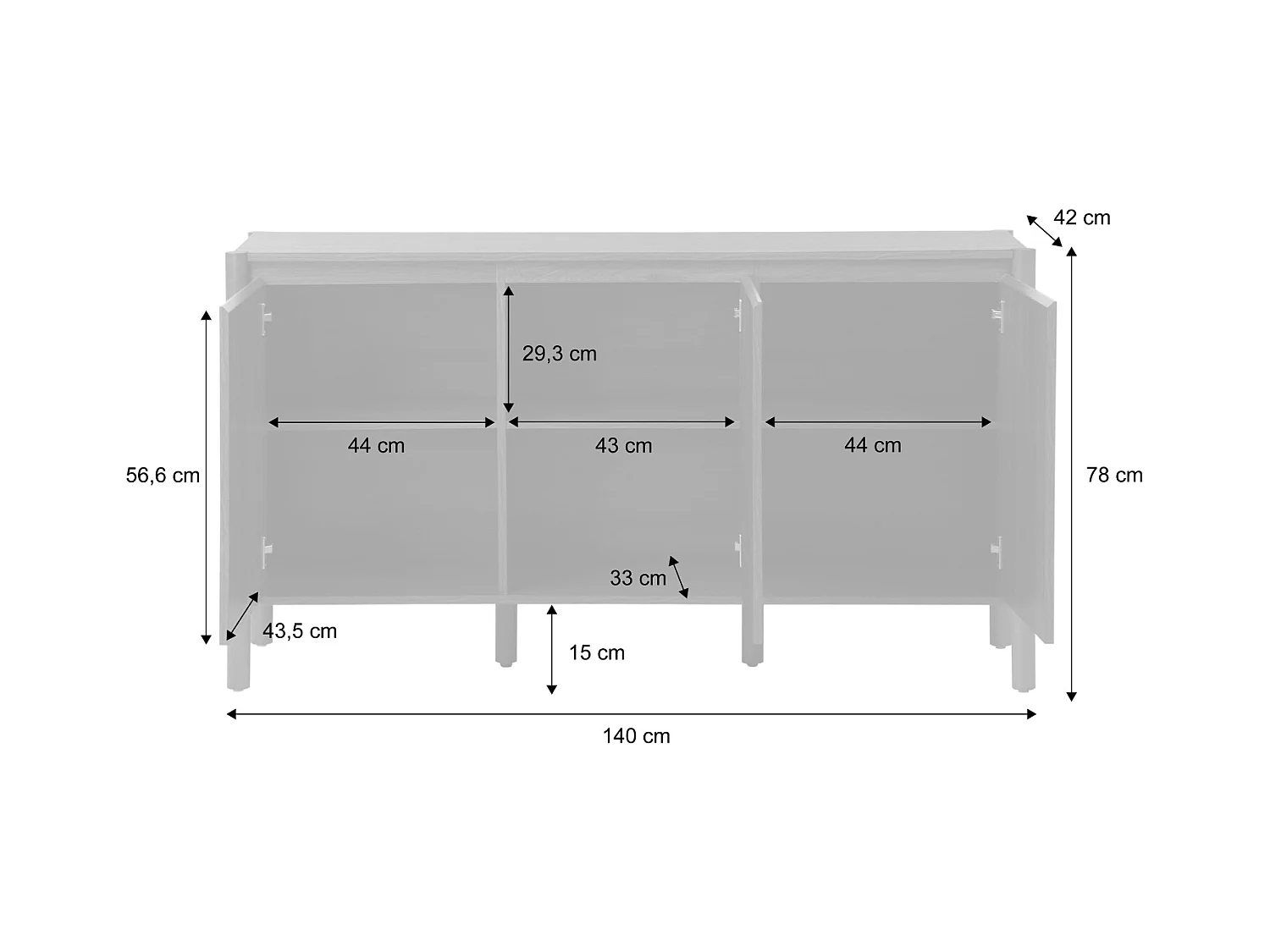 Aparador con 3 puertas, 140cm nogal