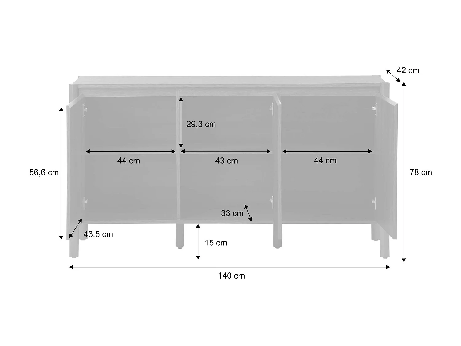 Aparador con 3 puertas, 140cm nogal