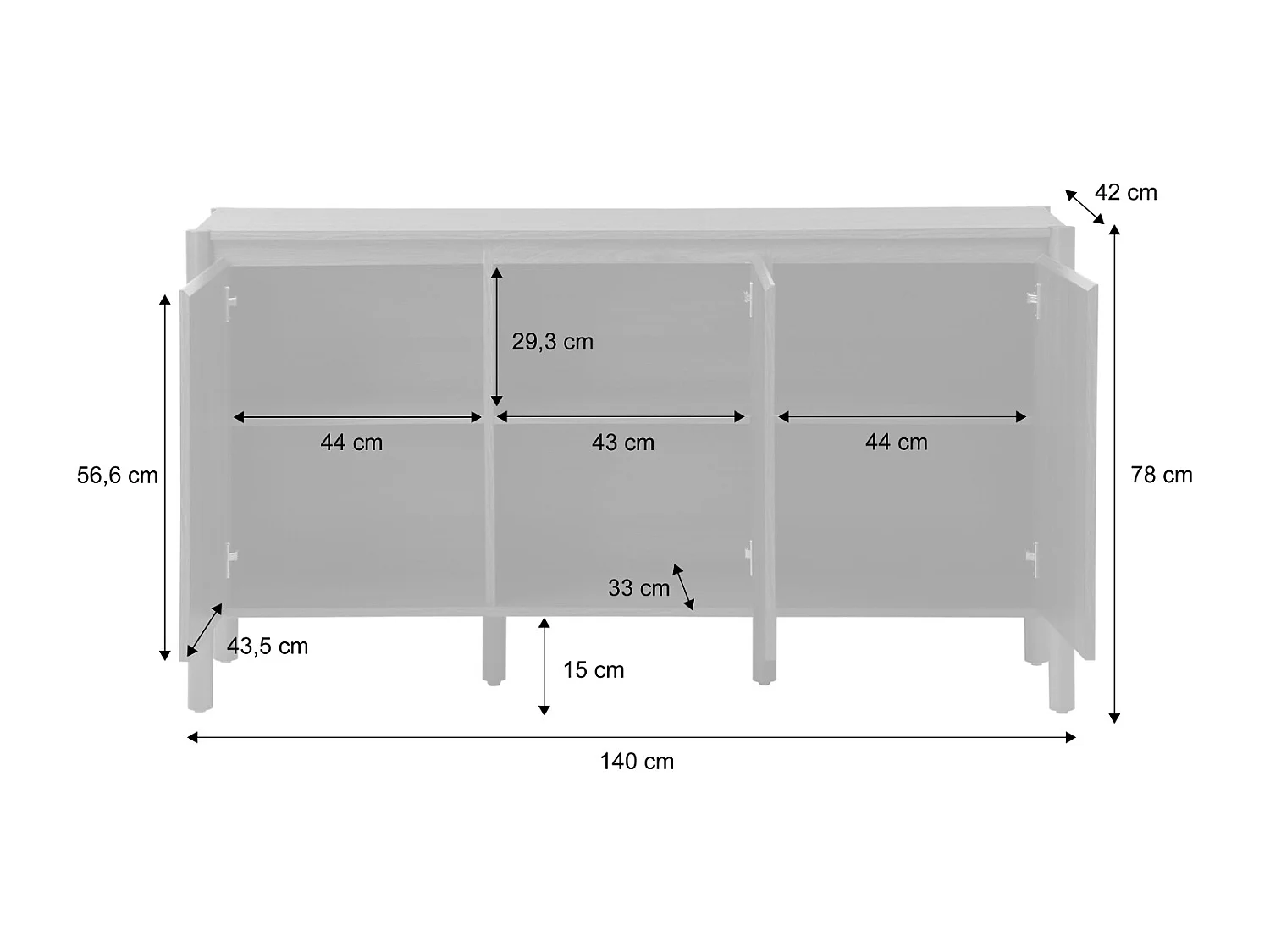 Aparador con 3 puertas, 140cm nogal