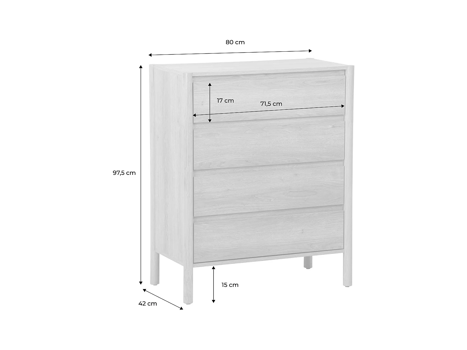 Cómoda con 4 cajones, 80cm natural