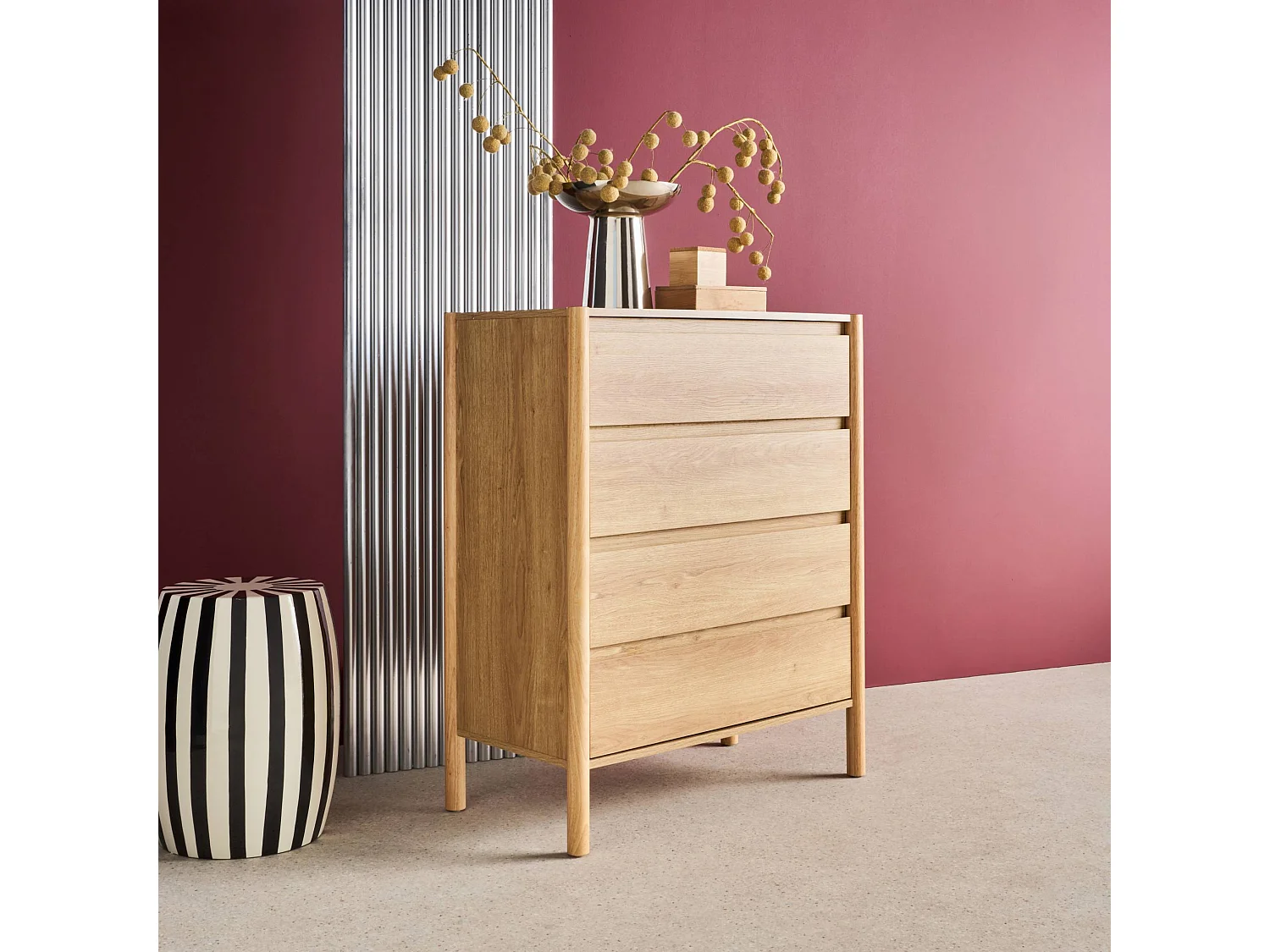 Cassettiera decorativa in legno 4 cassetti, marrone naturale