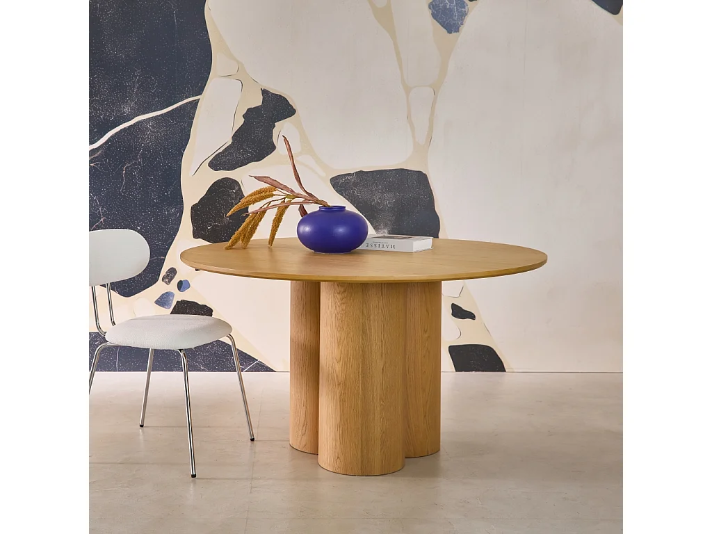 Table à manger ronde bois d'hévéa et placage chêne naturel 4 places 130cm - Leonore