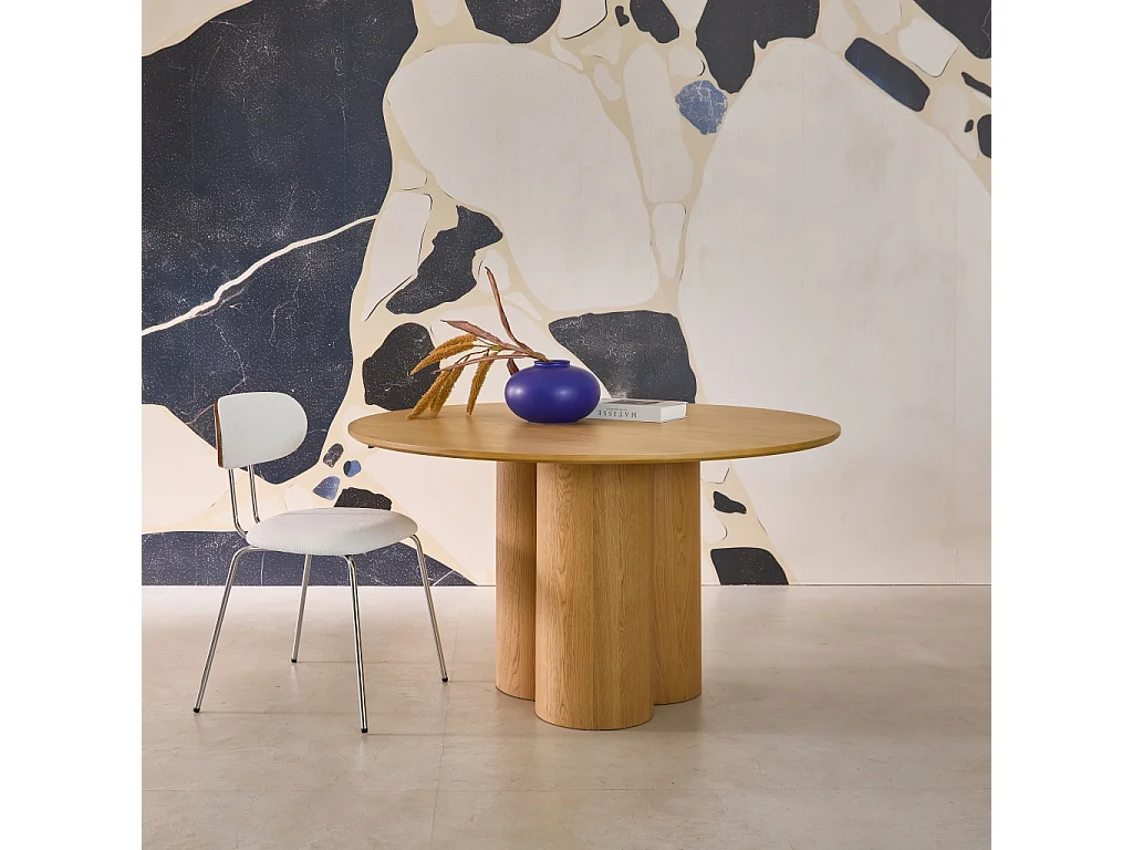 Table à manger ronde bois d'hévéa et placage chêne naturel 4 places 130cm - Leonore