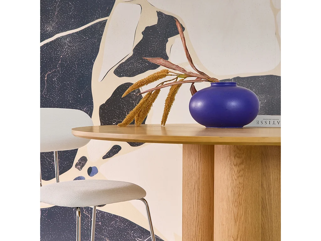 Table à manger ronde bois d'hévéa et placage chêne naturel 4 places 130cm - Leonore