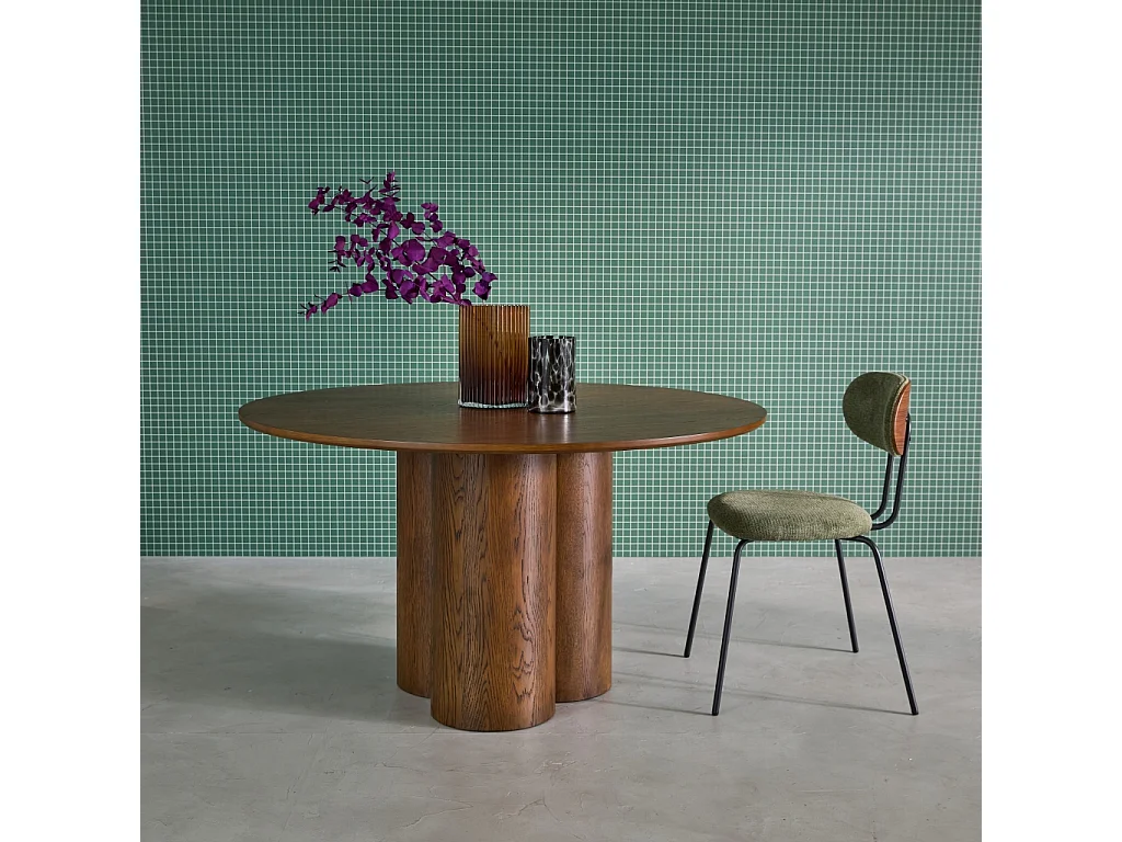 Table à manger ronde bois d'hévéa et placage chêne noyer 4 places 130cm - Leonore