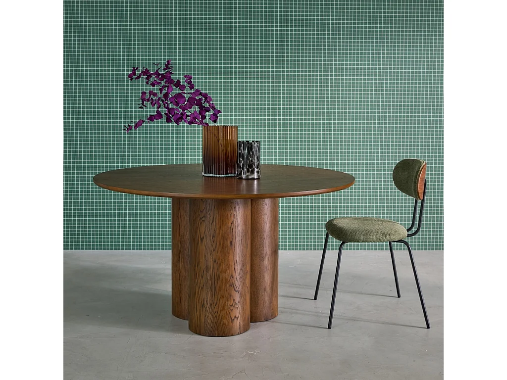 Table à manger ronde bois d'hévéa et placage chêne noyer 4 places 130cm - Leonore