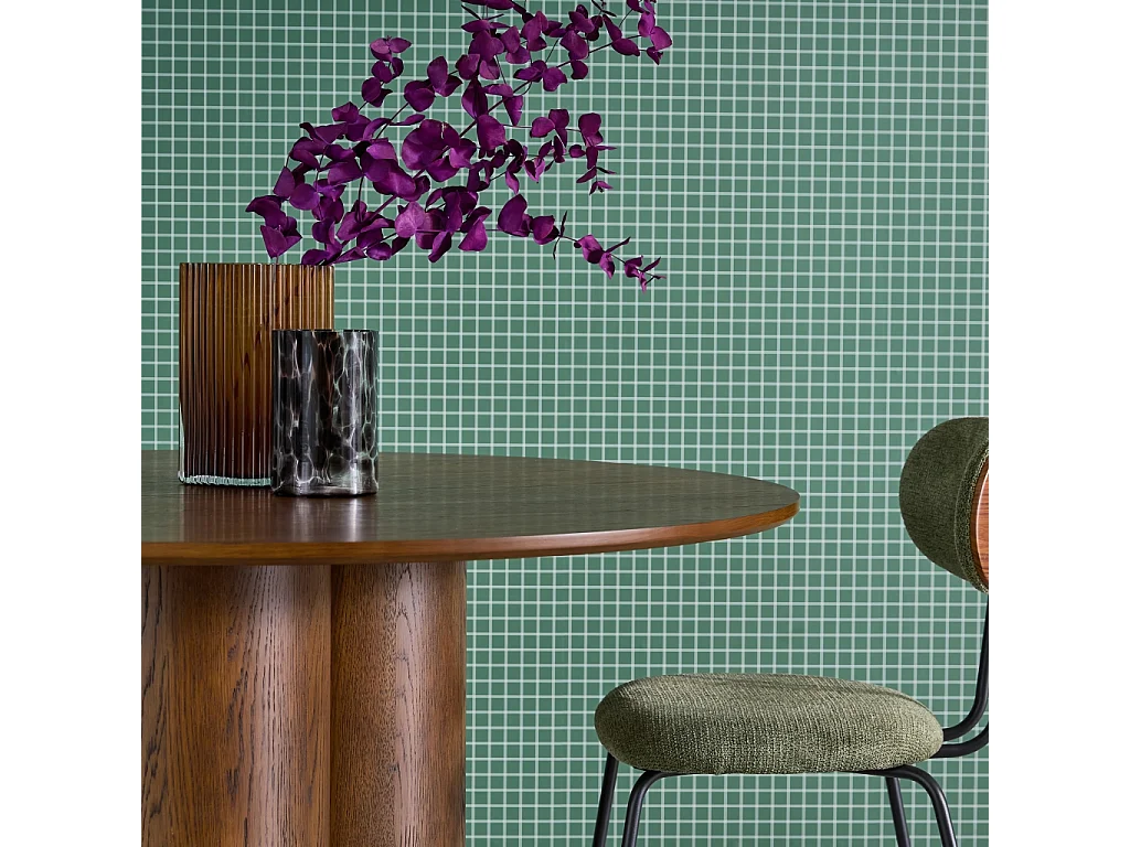 Table à manger ronde bois d'hévéa et placage chêne noyer 4 places 130cm - Leonore