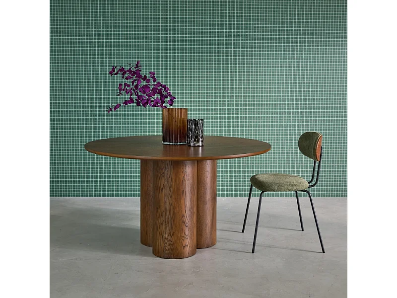 Table à manger ronde bois d'hévéa et placage chêne noyer 4 places 130cm - Leonore