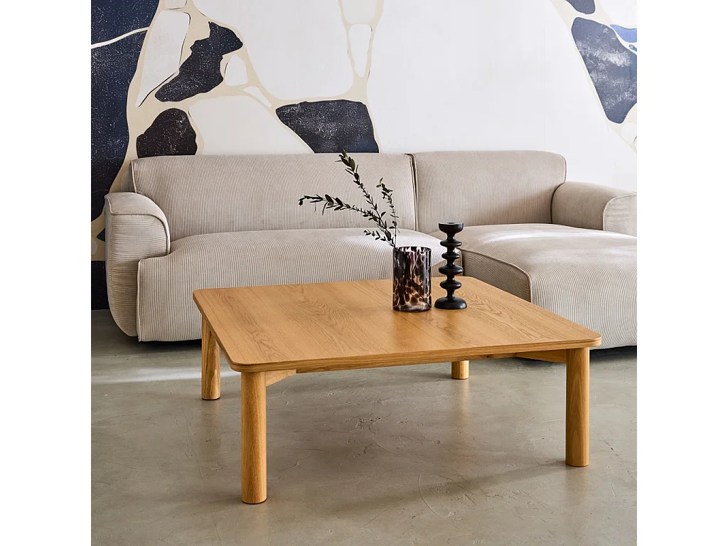Table basse carrée bois d'hévéa placage chêne naturel - 100 x 100 x 35 cm - Solène