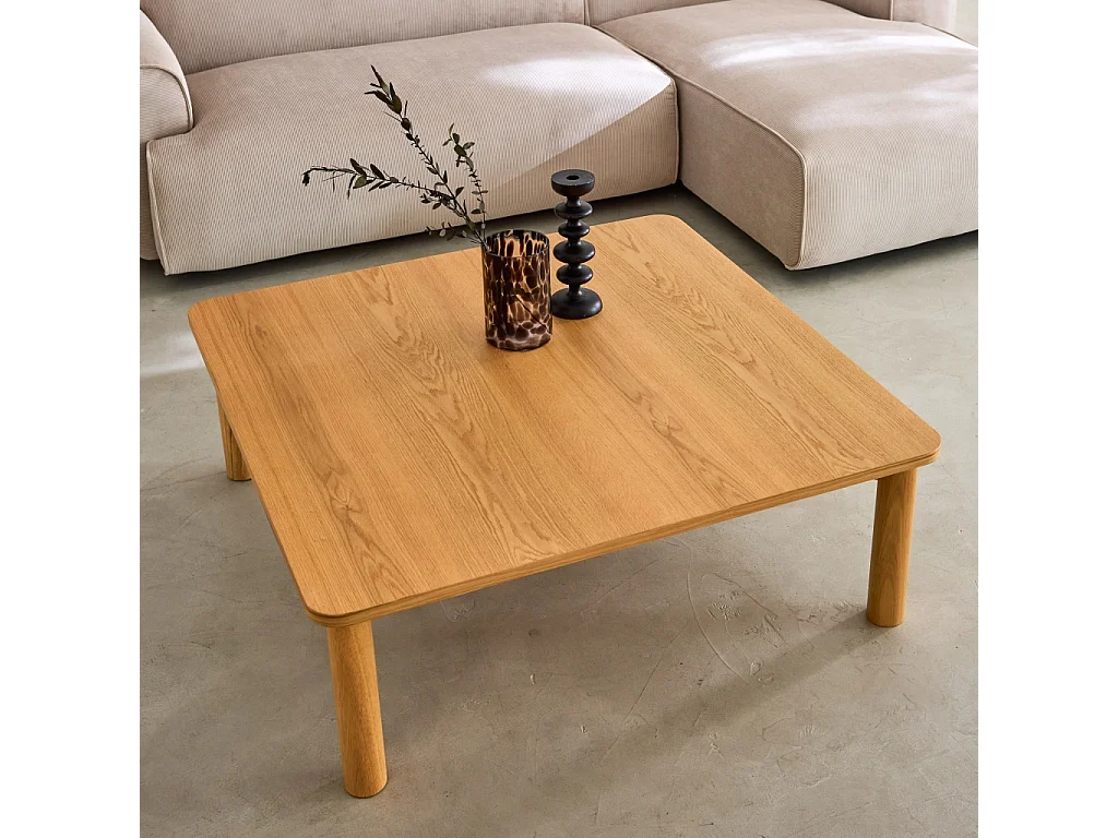 Table basse carrée bois d'hévéa placage chêne naturel - 100 x 100 x 35 cm - Solène