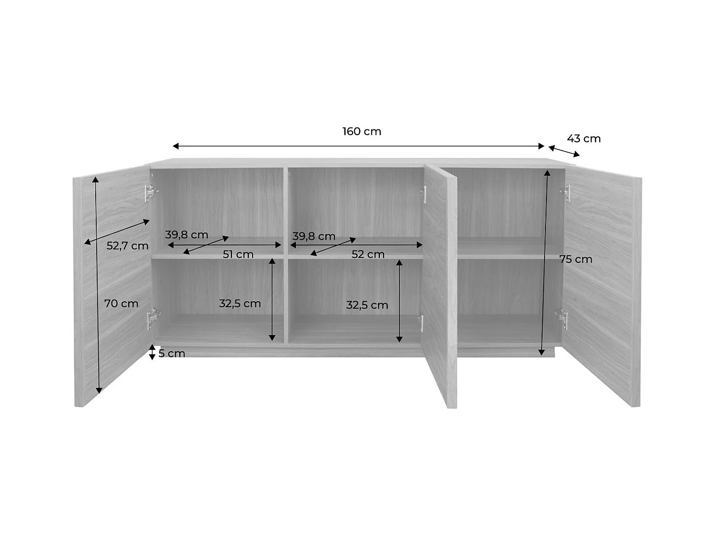 Credenza effetto legno 3 ante, 160cm, marrone naturale