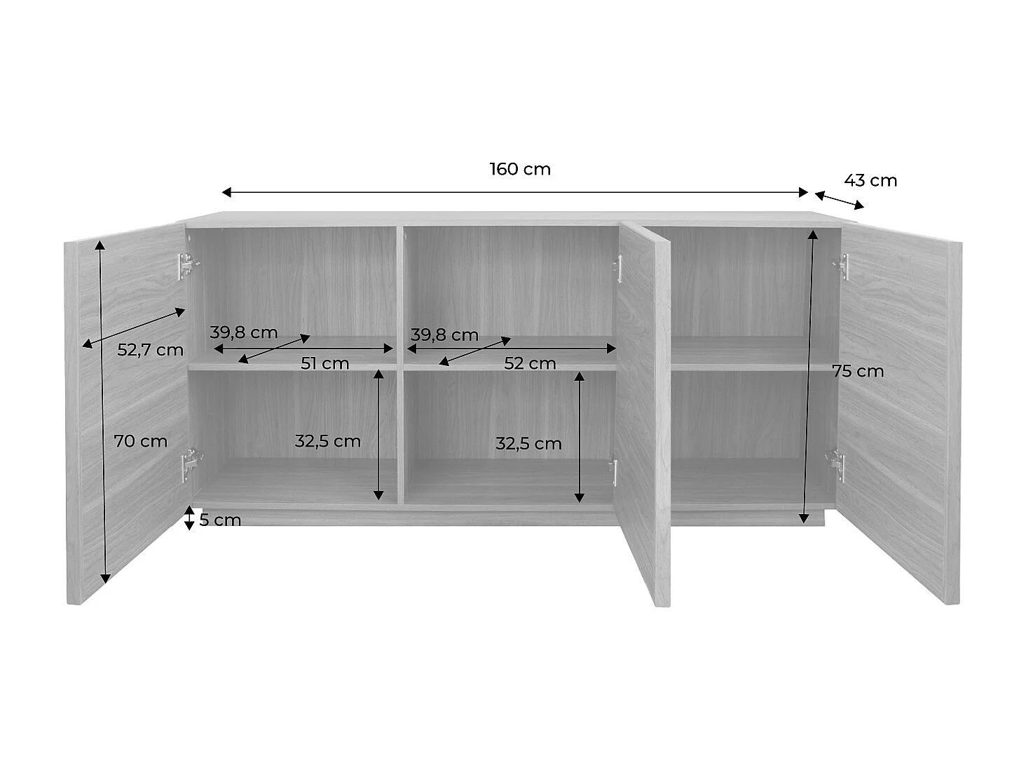 Credenza effetto legno 3 ante, 160cm, marrone naturale