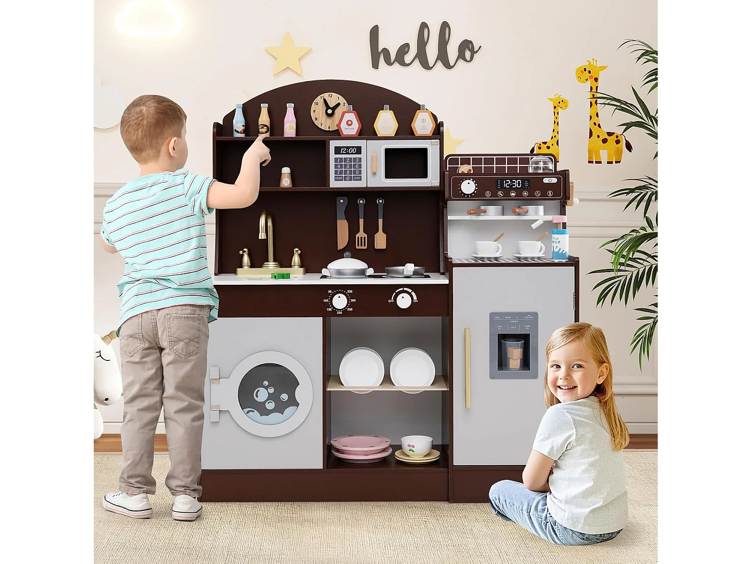 Cuisine Enfant en Bois avec Machine à Café, Jeu de Cuisine Enfant avec Horloge & Micro-Ondes, 26 Accessoires & Rangement, Jeu d’Imitation pour 3 Ans+ (Marron)