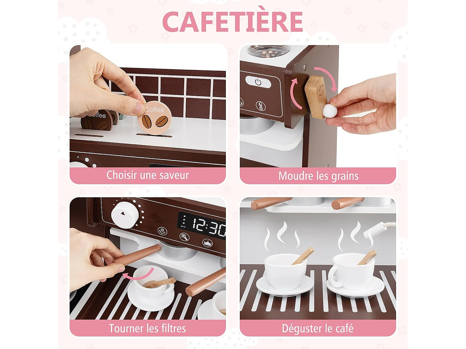 Cuisine Enfant en Bois avec Machine à Café, Jeu de Cuisine Enfant avec Horloge & Micro-Ondes, 26 Accessoires & Rangement, Jeu d’Imitation pour 3 Ans+ (Marron)