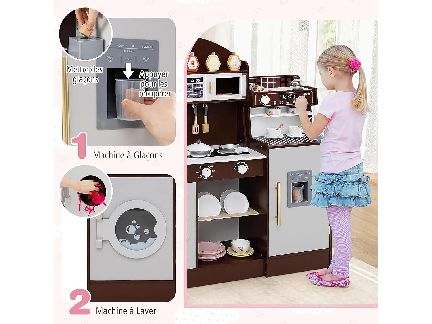 Cuisine Enfant en Bois avec Machine à Café, Jeu de Cuisine Enfant avec Horloge & Micro-Ondes, 26 Accessoires & Rangement, Jeu d’Imitation pour 3 Ans+ (Marron)