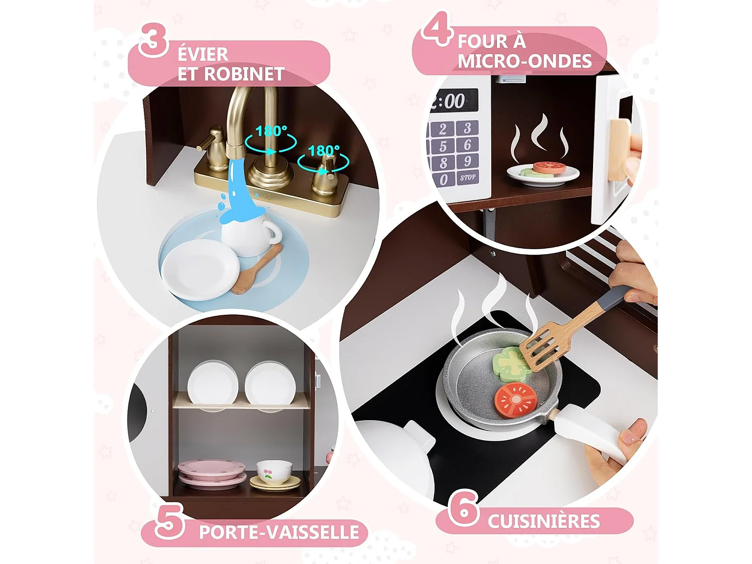 Cuisine Enfant en Bois avec Machine à Café, Jeu de Cuisine Enfant avec Horloge & Micro-Ondes, 26 Accessoires & Rangement, Jeu d’Imitation pour 3 Ans+ (Marron)
