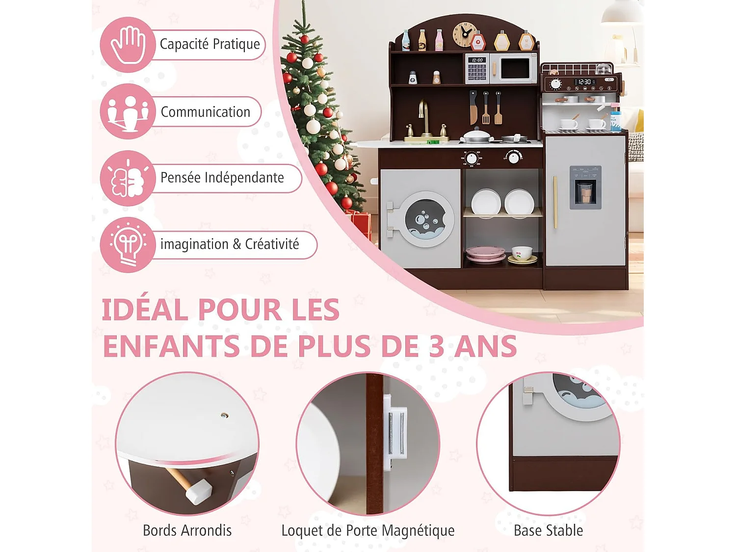Cuisine Enfant en Bois avec Machine à Café, Jeu de Cuisine Enfant avec Horloge & Micro-Ondes, 26 Accessoires & Rangement, Jeu d’Imitation pour 3 Ans+ (Marron)