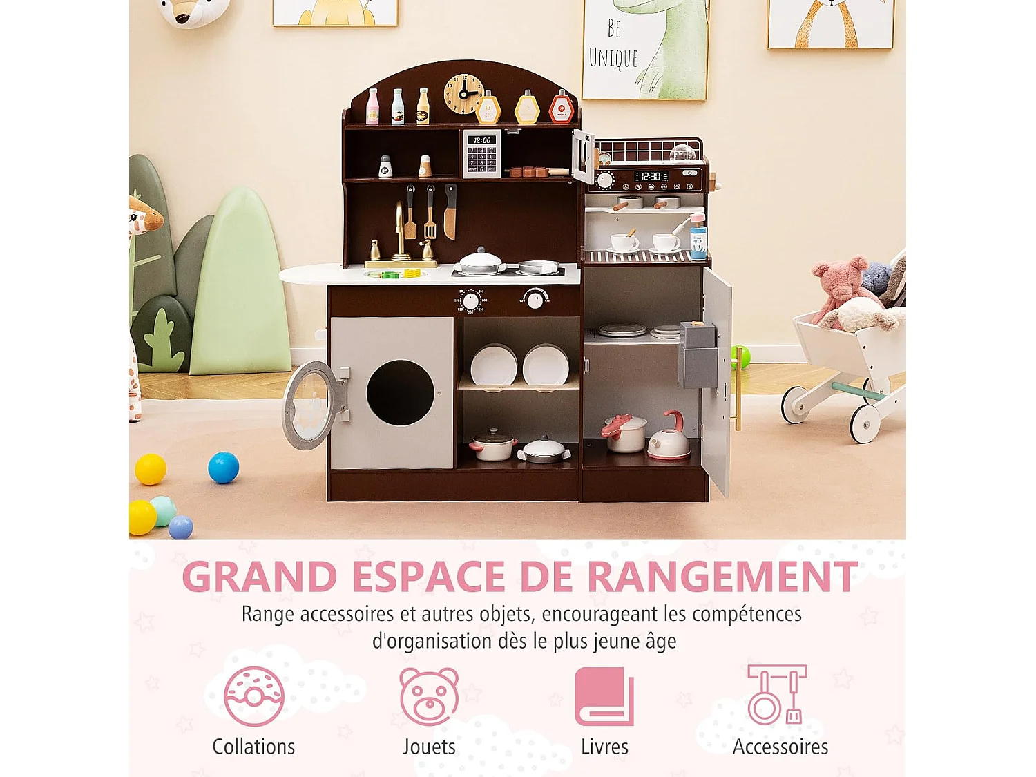 Cuisine Enfant en Bois avec Machine à Café, Jeu de Cuisine Enfant avec Horloge & Micro-Ondes, 26 Accessoires & Rangement, Jeu d’Imitation pour 3 Ans+ (Marron)