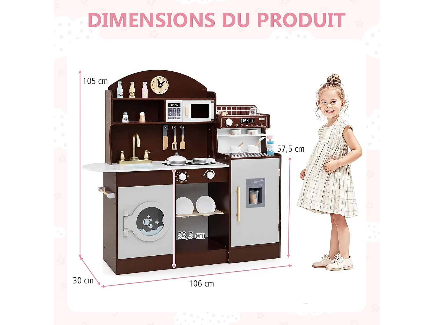 Cuisine Enfant en Bois avec Machine à Café, Jeu de Cuisine Enfant avec Horloge & Micro-Ondes, 26 Accessoires & Rangement, Jeu d’Imitation pour 3 Ans+ (Marron)
