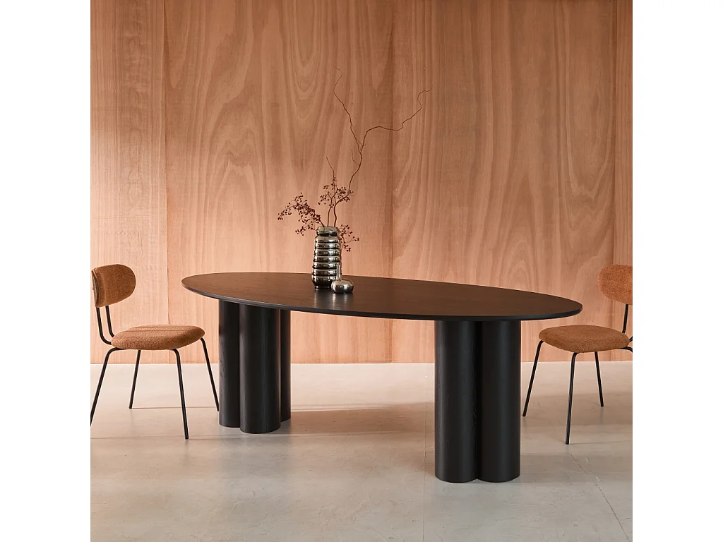 Table à manger ovale bois d'hévéa et placage chêne noir 8 places 220cm - Leonore