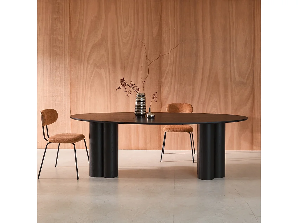 Table à manger ovale bois d'hévéa et placage chêne noir 8 places 220cm - Leonore