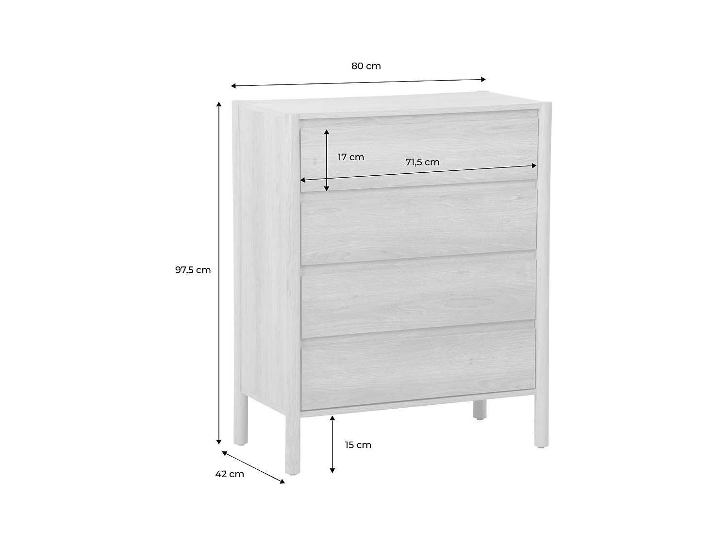 Cómoda con 4 cajones, 80cm nogal