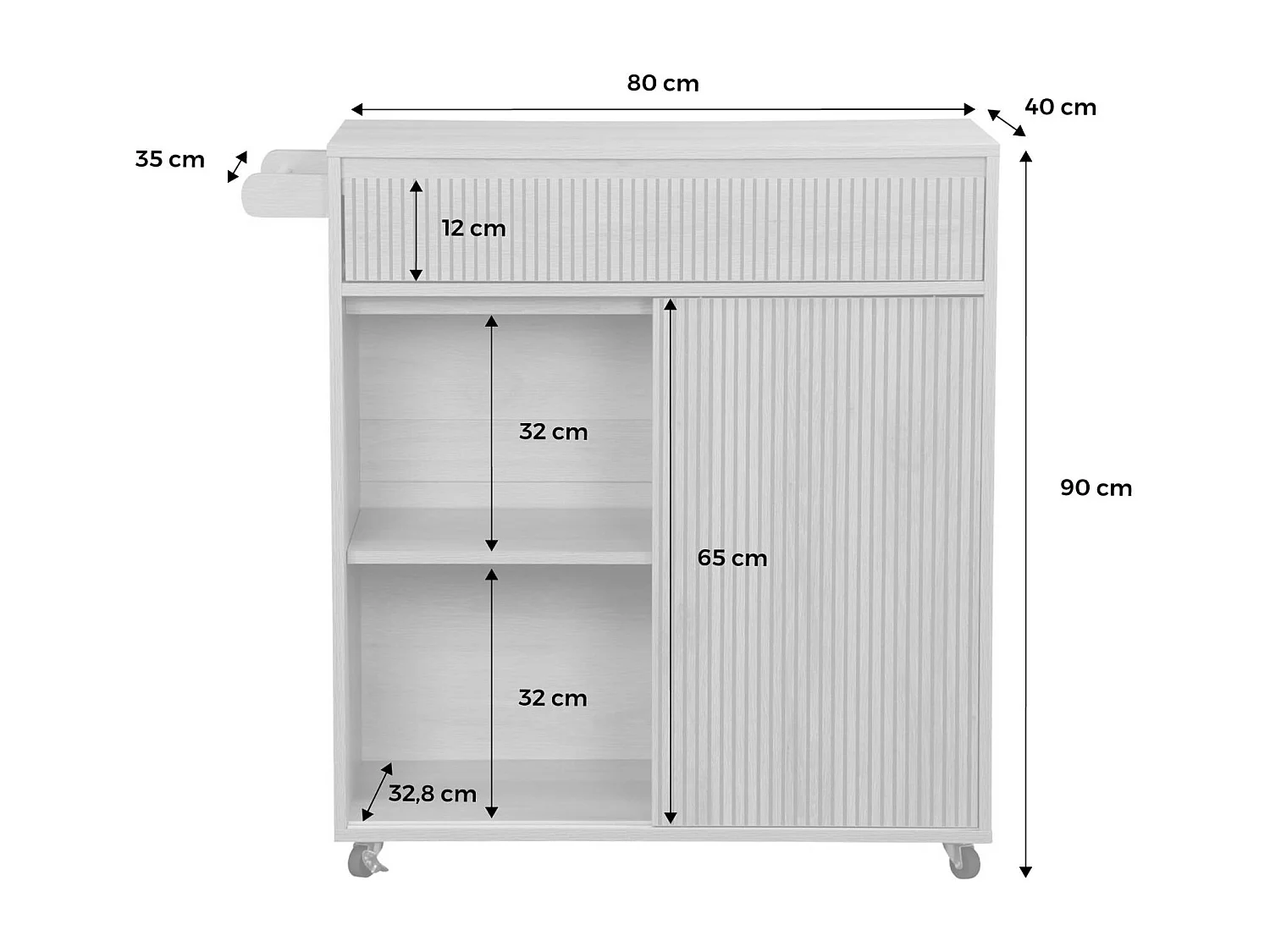 Carro de cocina de madera con 1 tirador y 1 cajón 2 puertas natural