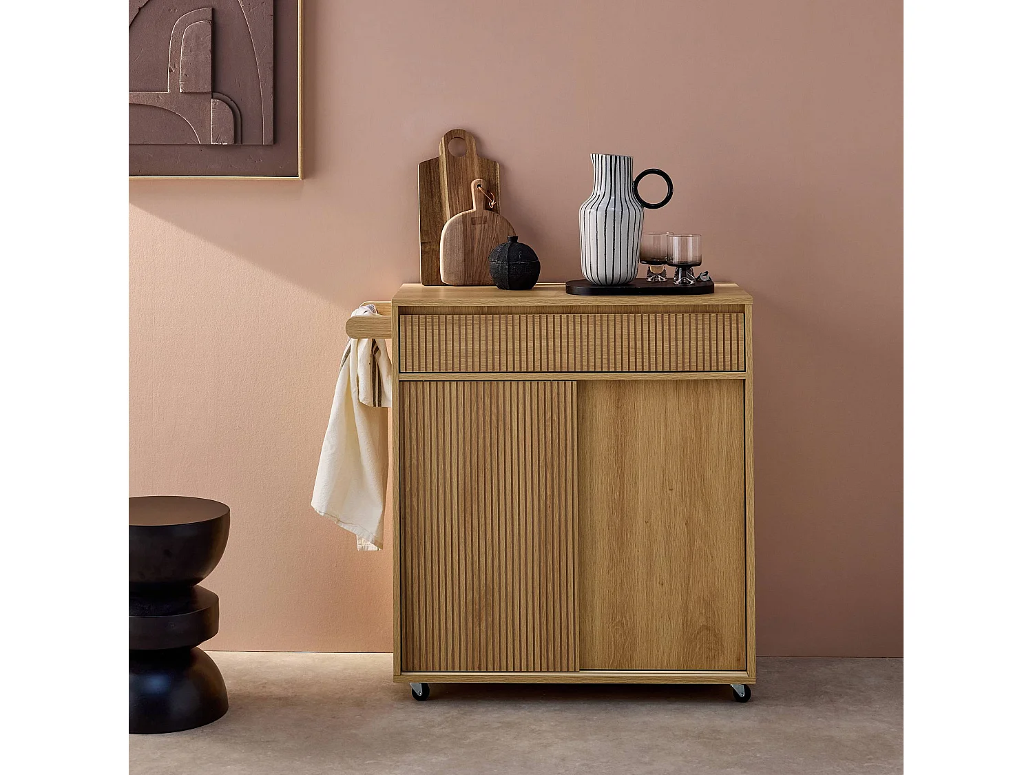 Carro de cocina de madera con 1 tirador y 1 cajón 2 puertas natural