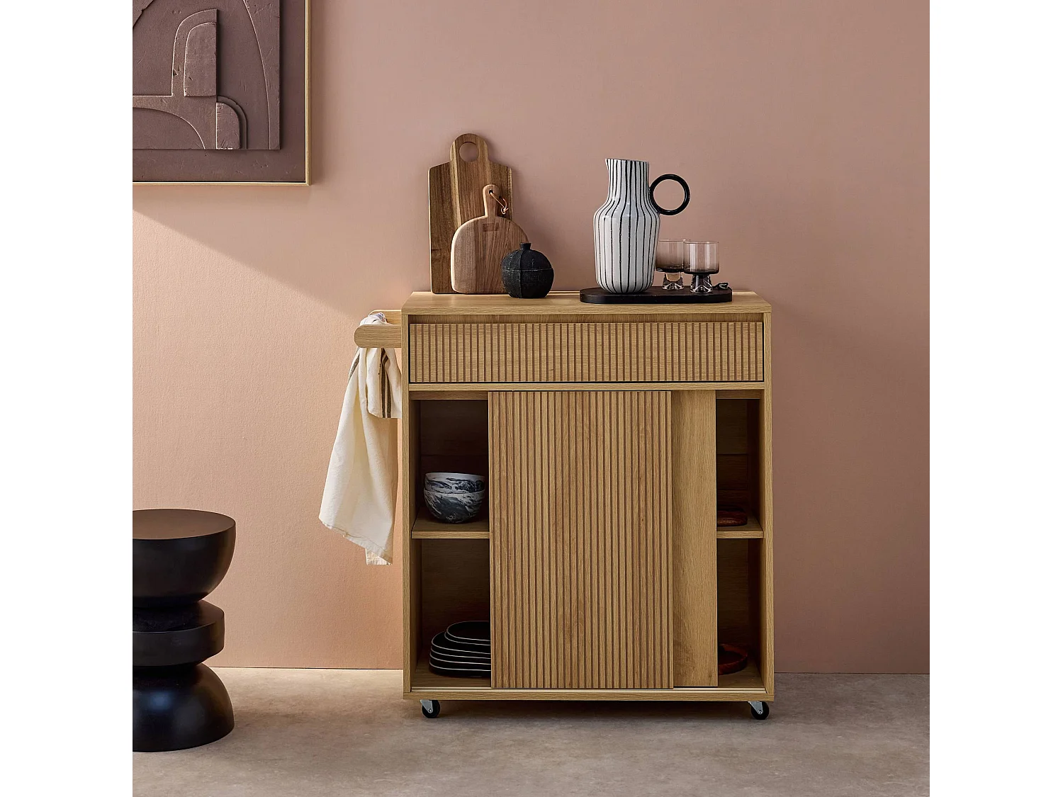 Carro de cocina de madera con 1 tirador y 1 cajón 2 puertas natural