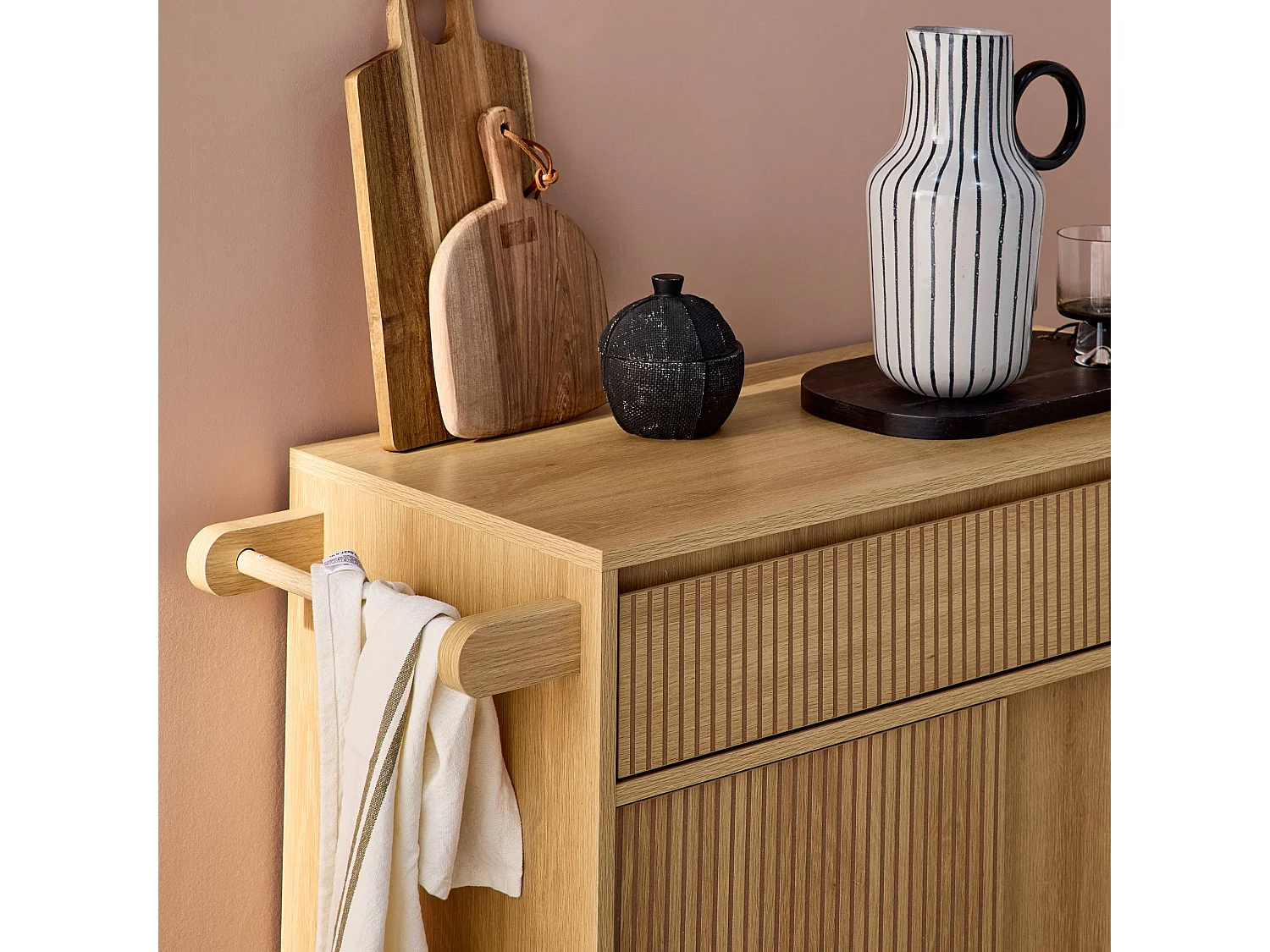 Carro de cocina de madera con 1 tirador y 1 cajón 2 puertas natural