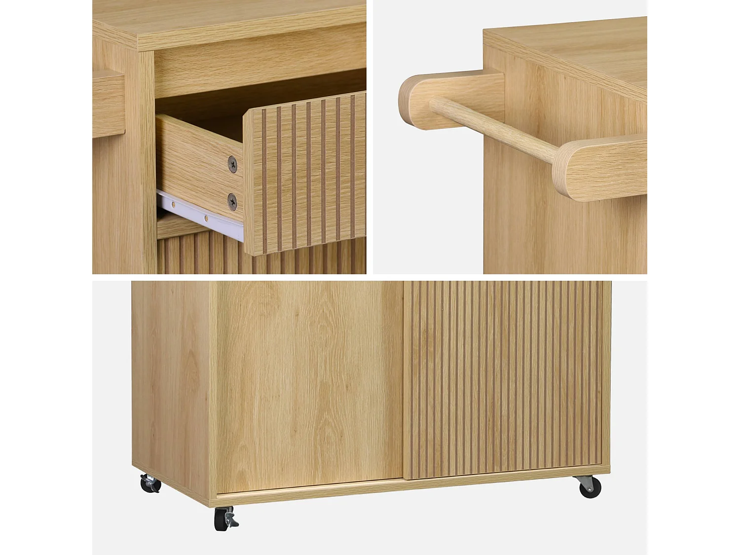 Desserte de cuisine LINEAR décor bois 1 poignée 1 tiroir 2 portes 4 roues. Naturel