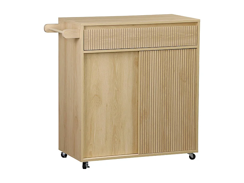 Desserte de cuisine LINEAR décor bois 1 poignée 1 tiroir 2 portes 4 roues. Naturel