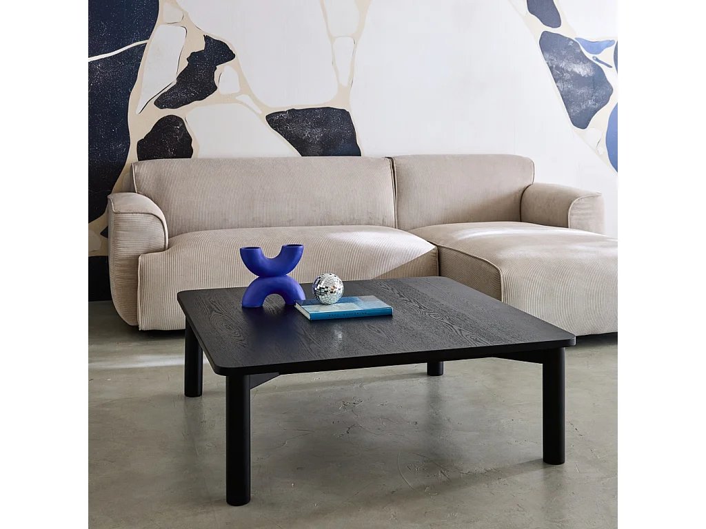 Table basse carrée bois d'hévéa placage chêne noir - 100 x 100 x 35 cm - Solène