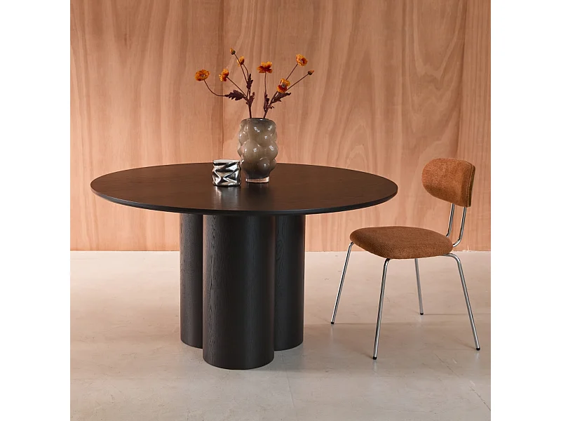 Table à manger ronde bois d'hévéa et placage chêne noir 4 places 130cm - Leonore