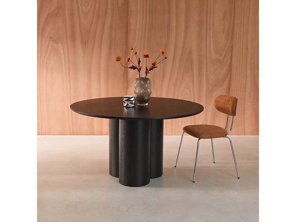 Table à manger ronde bois d'hévéa et placage chêne noir 4 places 130cm - Leonore