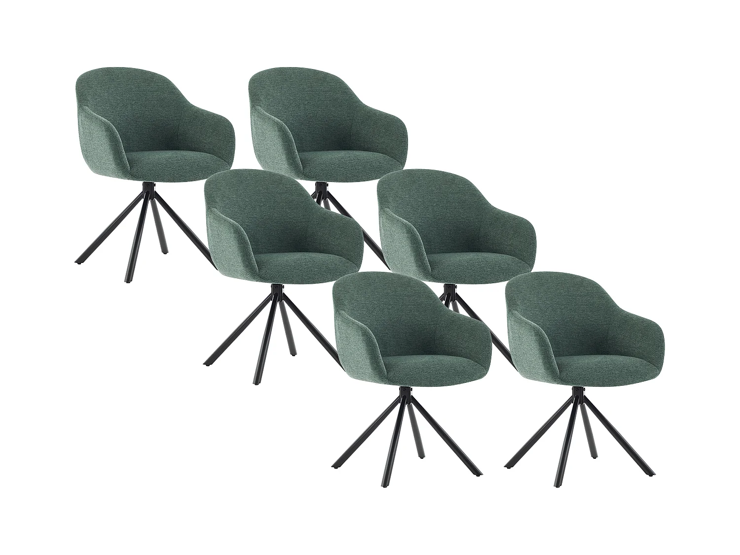Sæt med 6 stole med armlæn i tekstureret stof og sort metal - Grøn - CILIENO