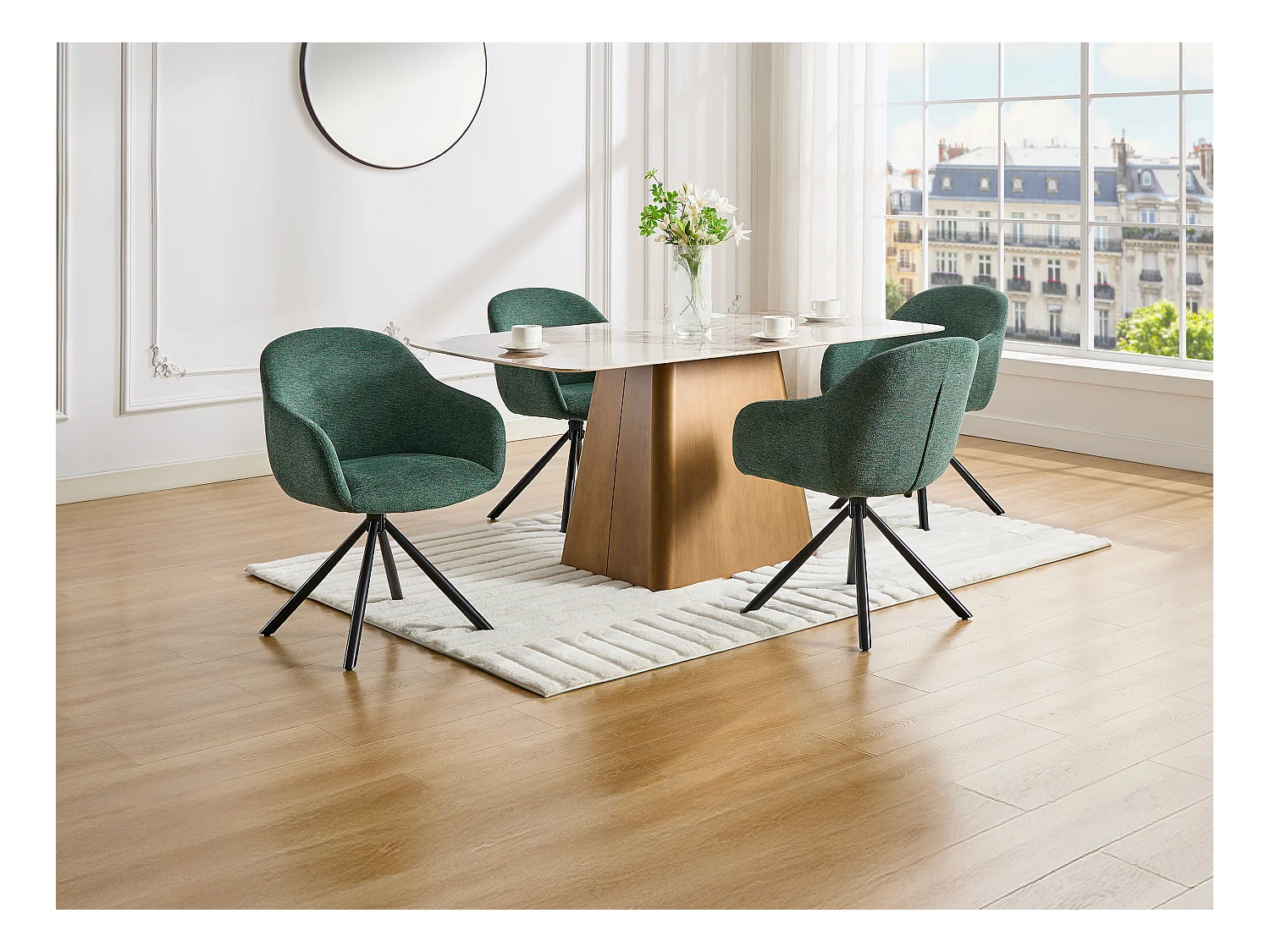 Lot de 6 chaises avec accoudoirs en tissu texturé et métal noir - Vert - CILIENO