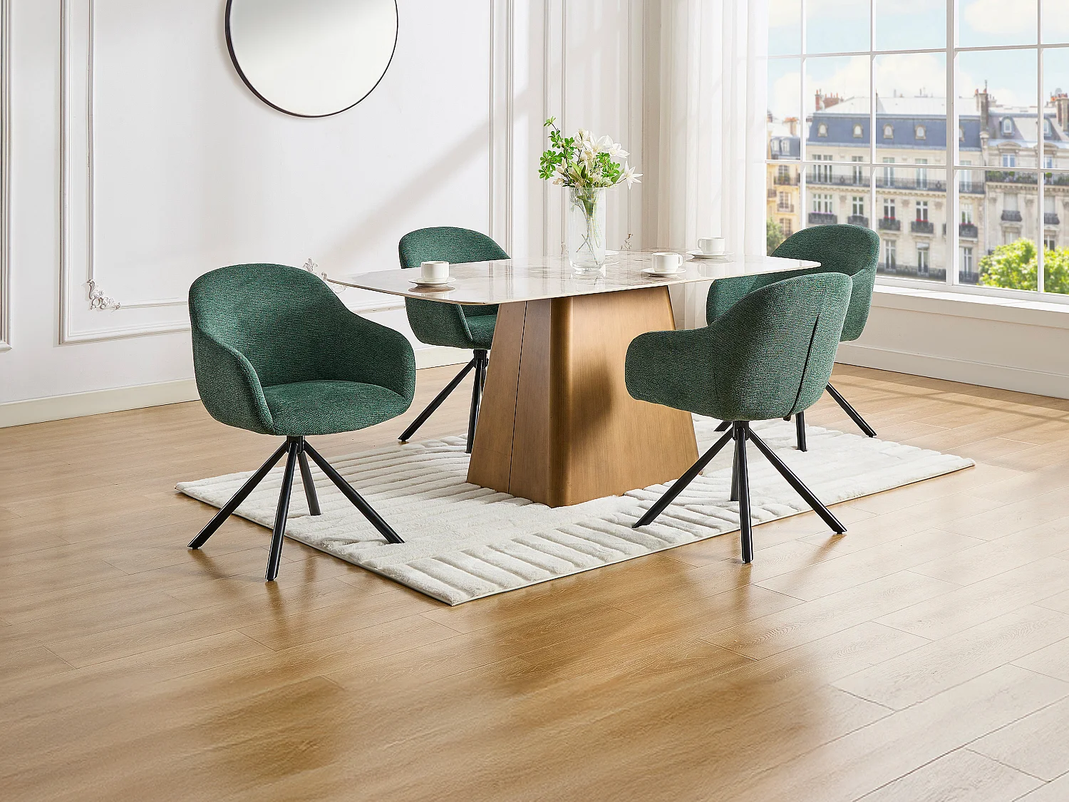 Lot de 6 chaises avec accoudoirs en tissu texturé et métal noir - Vert - CILIENO