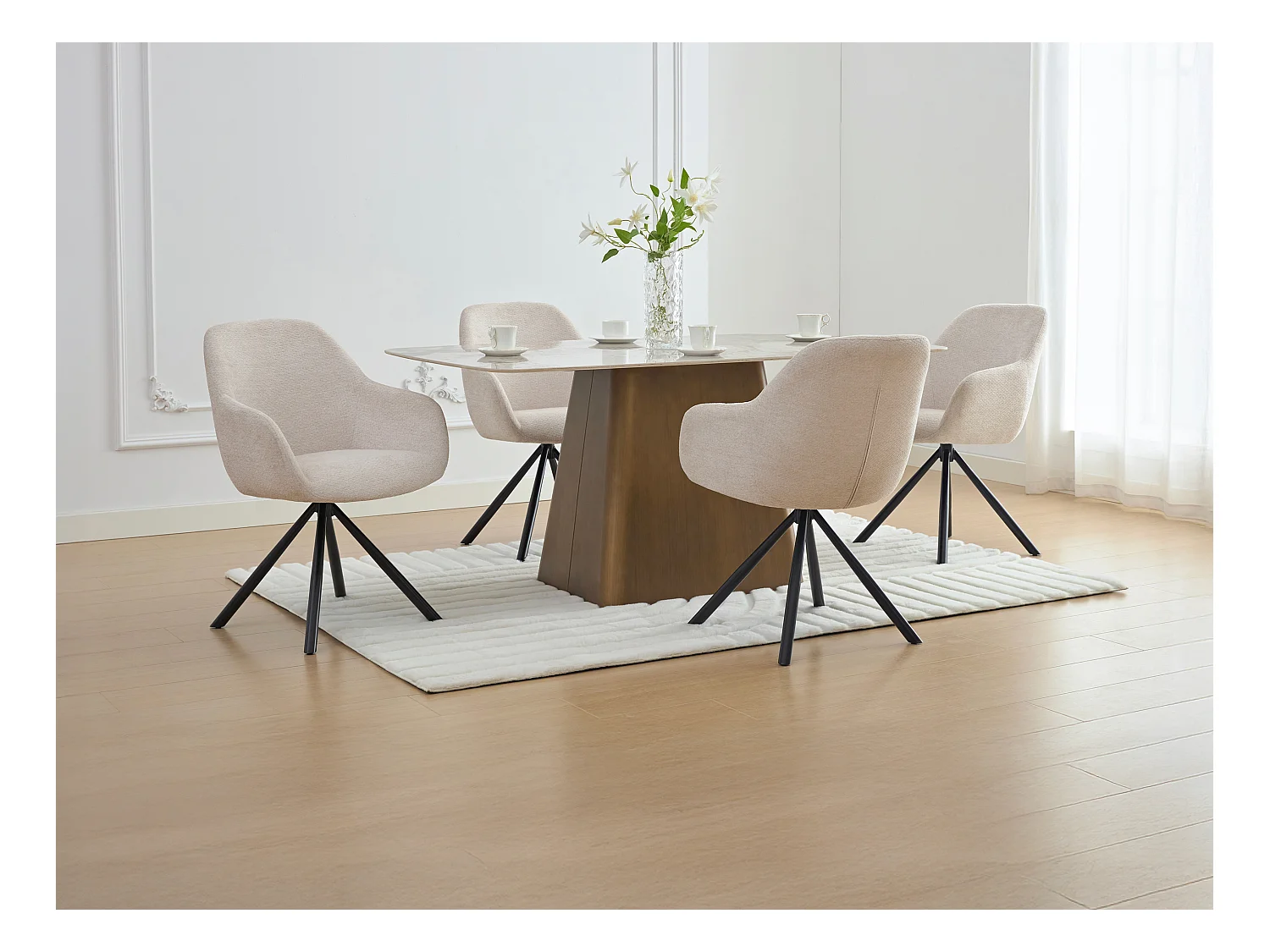Lot de 6 chaises avec accoudoirs en tissu texturé et métal noir - Crème - CILIENO